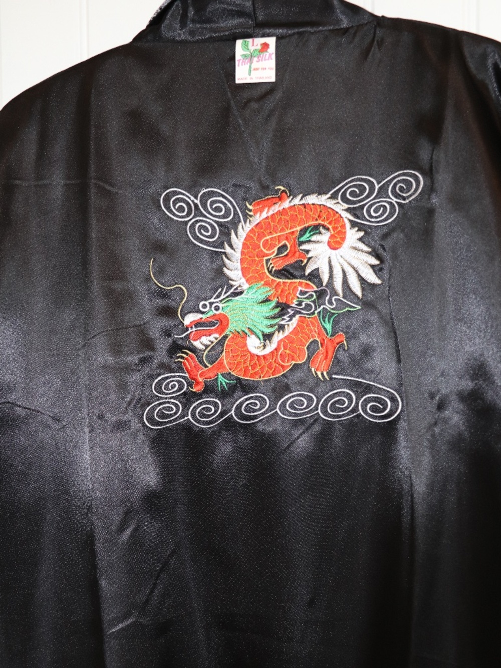 THAI SILK Reversible DRAGON EMBROIDERED Tie Belt/Pocket JAPANESE Kimono Sz L - Picture 11 of 12